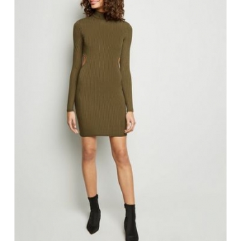 Khaki Ribbed Cut Out Back Bodycon Dress