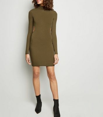 Khaki Ribbed Cut Out Back Bodycon Dress