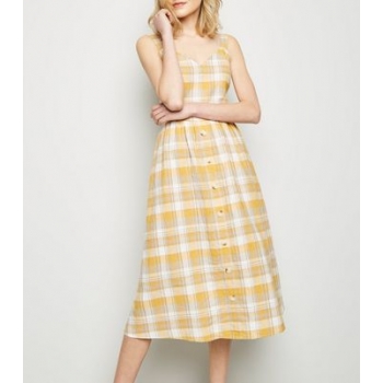 Yellow Check Linen-Blend Button Midi Dress