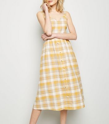 Yellow Check Linen-Blend Button Midi Dress