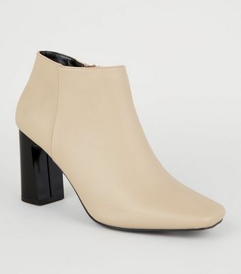 Camel Leather-Look Square Toe Heeled Boots