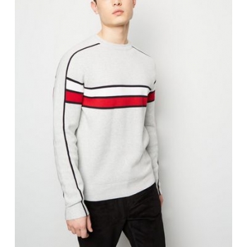 Pale Grey Colour Block Crew Neck Jumper