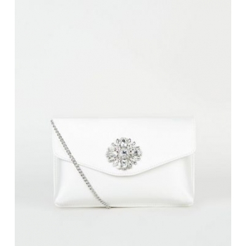 Off White Satin Diamanté Brooch Clutch