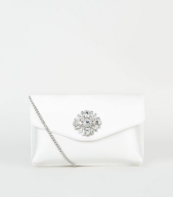 Off White Satin Diamanté Brooch Clutch