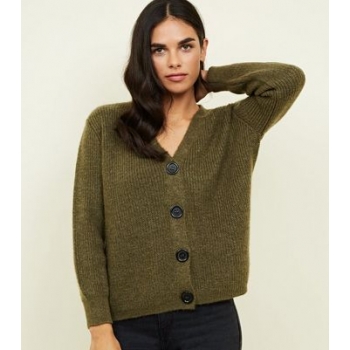 Khaki Rib Knit Button Through Cardigan