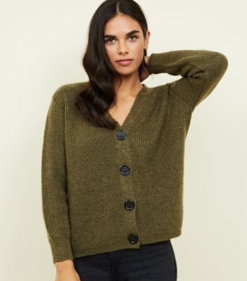 Khaki Rib Knit Button Through Cardigan