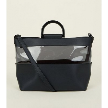 Black Clear Panel Plastic Handle Tote Bag