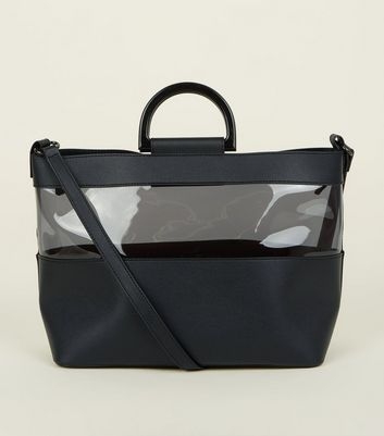 Black Clear Panel Plastic Handle Tote Bag