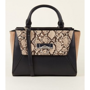 Black Faux Snake Colour Block Tote Bag