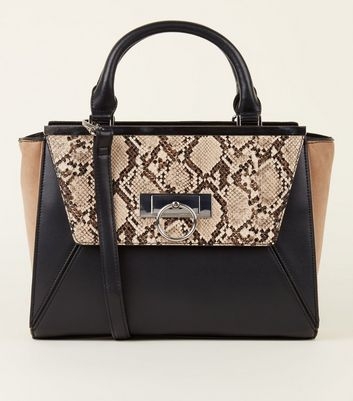 Black Faux Snake Colour Block Tote Bag