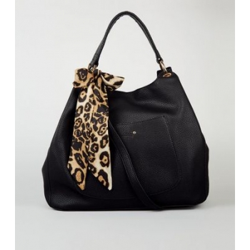 Black Leather-Look Leopard Print Scarf Hobo Bag