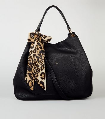 Black Leather-Look Leopard Print Scarf Hobo Bag