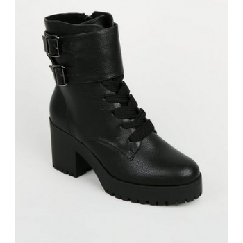 Black Chunky Block Heel Lace Up Boots