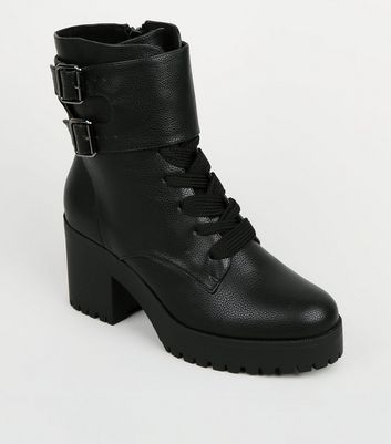 Black Chunky Block Heel Lace Up Boots