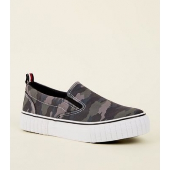 Green Camo Print Chunky Slip On Trainers