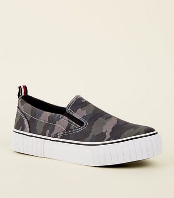 Green Camo Print Chunky Slip On Trainers