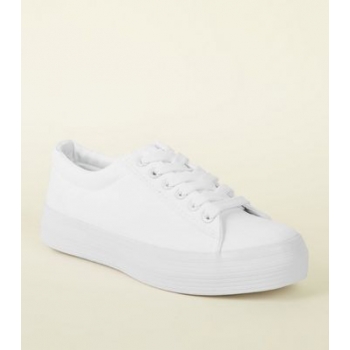 White Canvas Lace Up Flatform Trainers