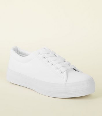 White Canvas Lace Up Flatform Trainers