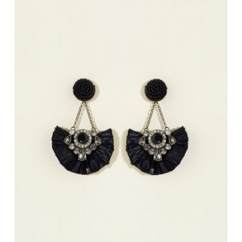 WANTED Black Raffia Fan and Gem Earrings