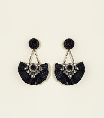 WANTED Black Raffia Fan and Gem Earrings