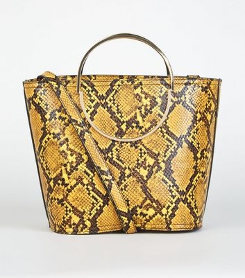 Yellow Faux Snake Ring Handle Bucket Bag