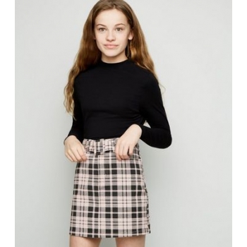 Girls Pink Check Belted Denim Skirt