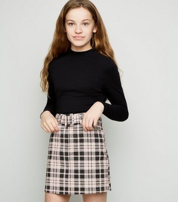 Girls Pink Check Belted Denim Skirt