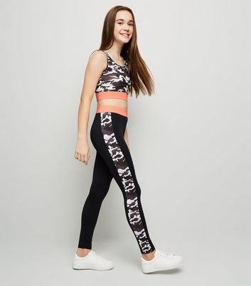 Girls Black Camo Print Stripe Side Leggings