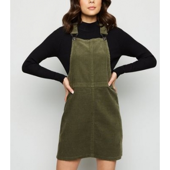 Khaki Corduroy A-Line Pinafore Dress