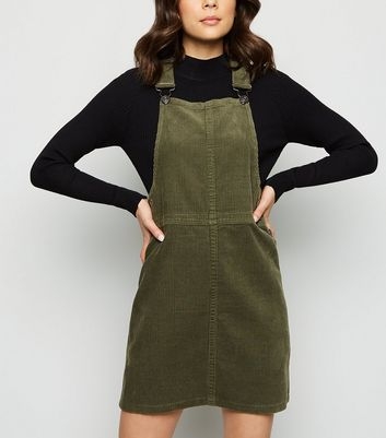 Khaki Corduroy A-Line Pinafore Dress