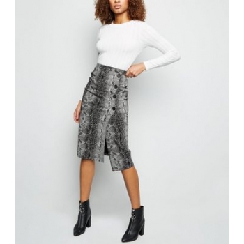 Light Grey Snake Print Button Side Pencil Skirt