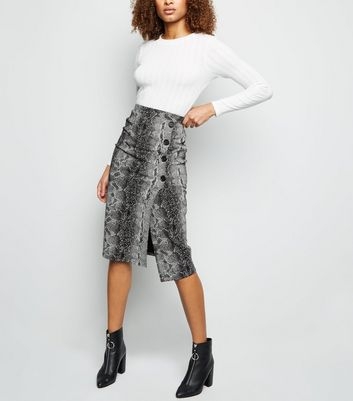 Light Grey Snake Print Button Side Pencil Skirt