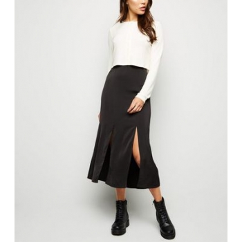 Black Satin Double Split Front Midi Skirt