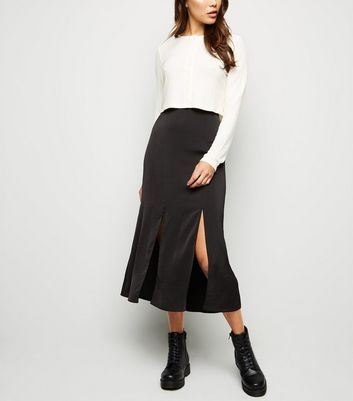 Black Satin Double Split Front Midi Skirt