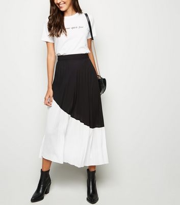 Black Monochrome Block Pleated Midi Skirt