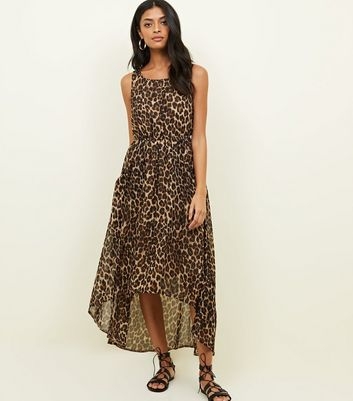 Blue Vanilla Brown Leopard Print Dip Hem Dress