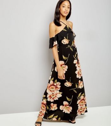 AX Paris Black Floral Print Cold Shoulder Dress