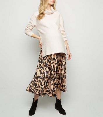 Maternity Brown Leopard Print Satin Midi Skirt