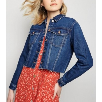 Blue Raw Hem Cropped Denim Jacket