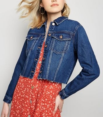 Blue Raw Hem Cropped Denim Jacket