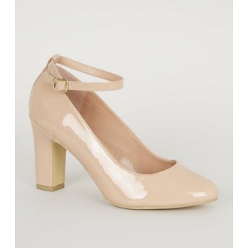 Cream Patent Block Heel Court Shoes