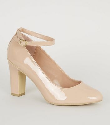 Cream Patent Block Heel Court Shoes