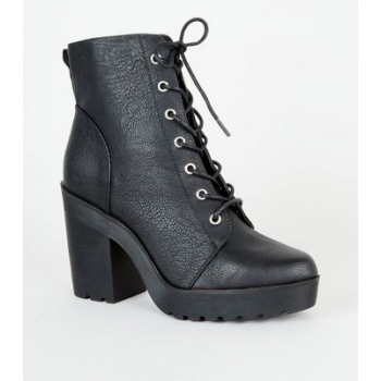 Black Leather-Look Heeled Lace Up Boots