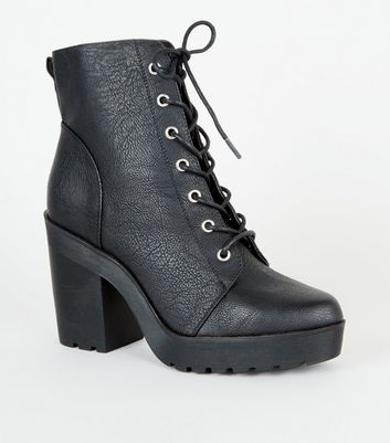 Black Leather-Look Heeled Lace Up Boots