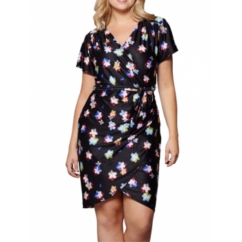 Yumi Curves Blurred Flower Wrap Dress, Black