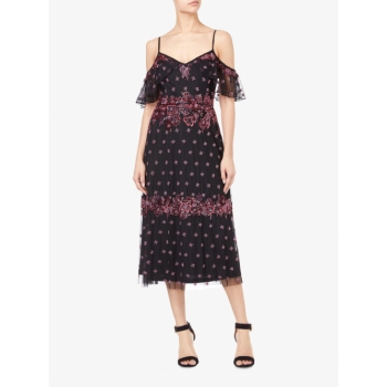 Adrianna Papell Drop Shoulder Beaded Midi Dress, Black/Multi