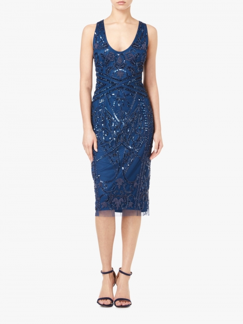 Adrianna Papell Beaded Cocktail Dress, Deep BLue