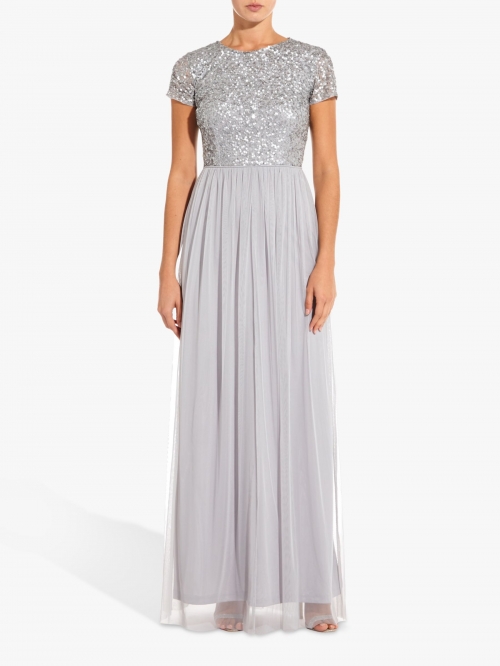 Adrianna Papell Sequin Tulle Maxi Dress, Bridal Silver