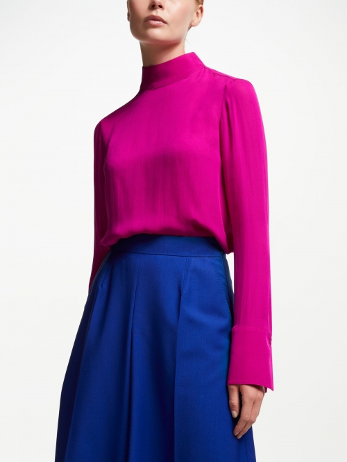 John Lewis & Partners High Neck Silk Blouse, Bright Pink