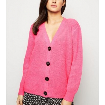 Bright Pink Rib Knit Button Through Cardigan